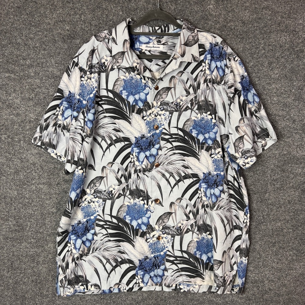 Tommy Bahama Silk Blend Floral‎ Shirt Mens XL Blue White Tropical Aloha